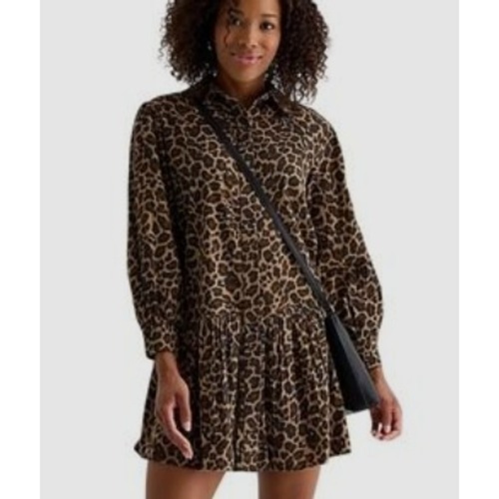 St Johns Bay Leopard Print Corduroy Peplum Tunic Top Brown Tan PM NEW
